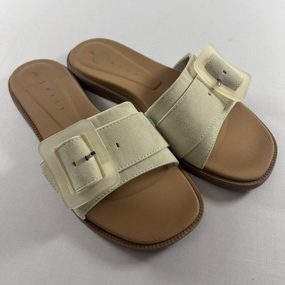 Reef Sunny Emma Sandal Women 9 Cream Oversized Buckle Slide Flat Casual Summer
